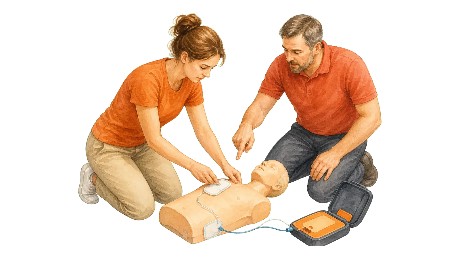 Teilnehmerin klebt unter Anleitung die Elektroden eines AED-Trainers am Übungsphantom auf.