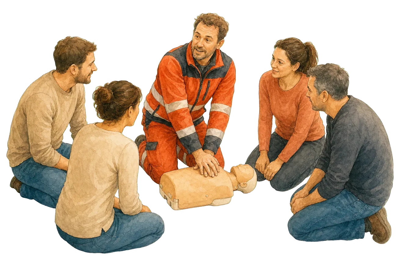Erfahrener Ausbilder aus dem Rettungsdienst zeigt einer knienden Kursgruppe die Herzdruckmassage an der Übungspuppe.