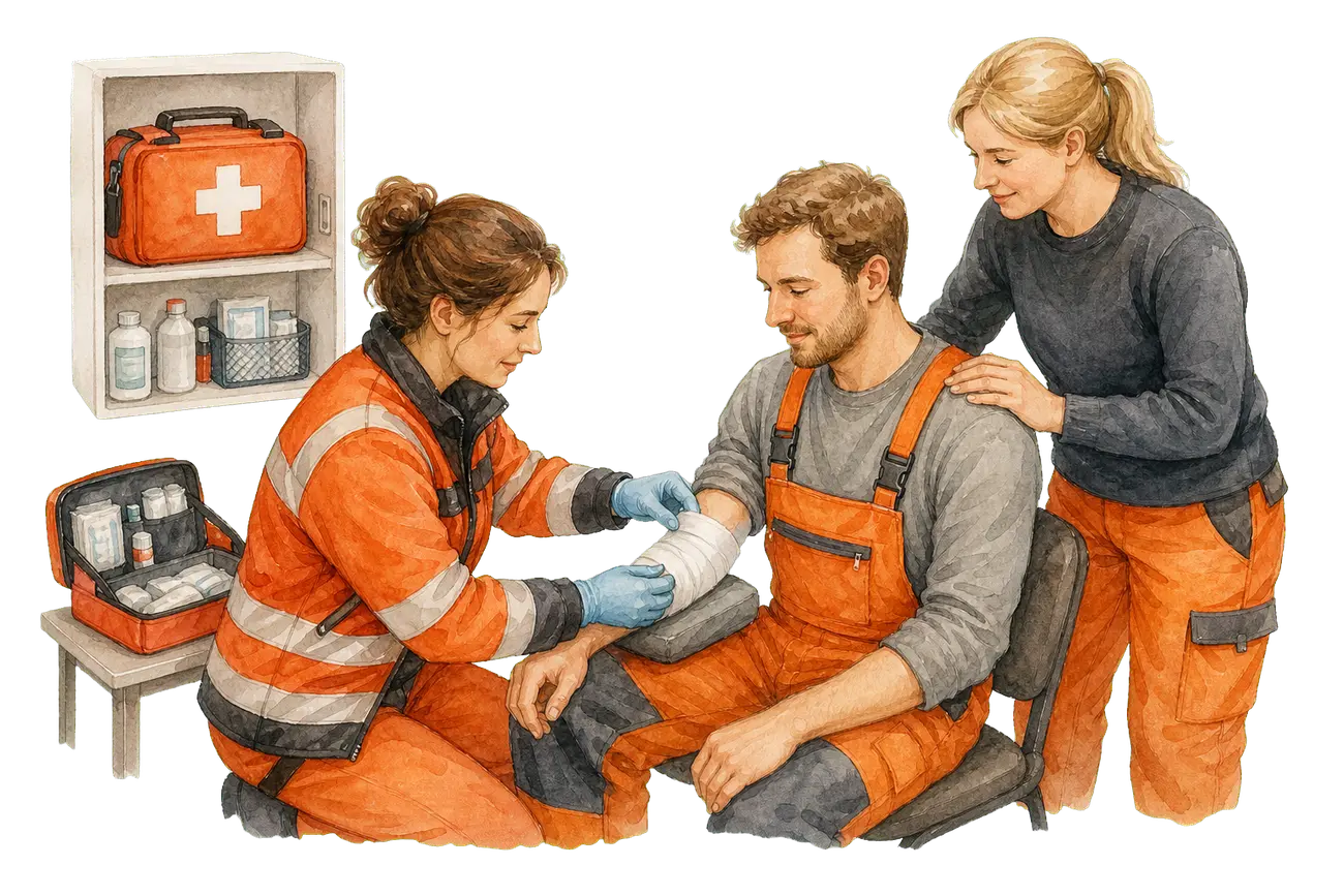 Betriebssanitäter versorgt eine verletzte Kollegin am Arbeitsplatz und misst den Blutdruck — Betriebssanitäter-Ausbildung.