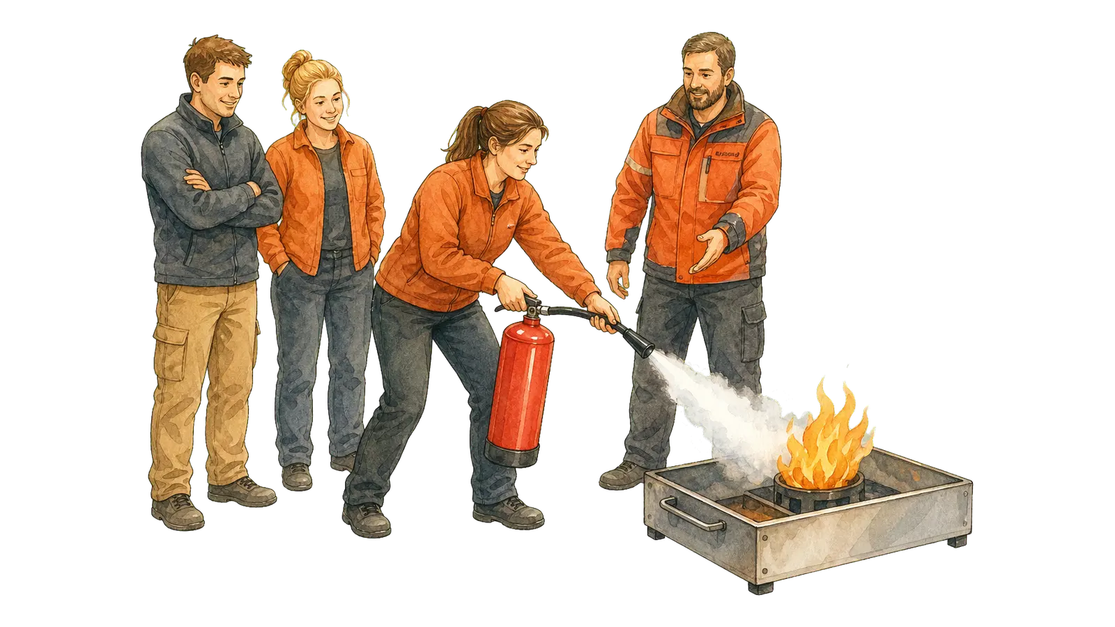 Beschäftigte üben das Löschen mit dem Feuerlöscher an einer sicheren Trainingsstation — Brandschutzhelfer-Ausbildung.
