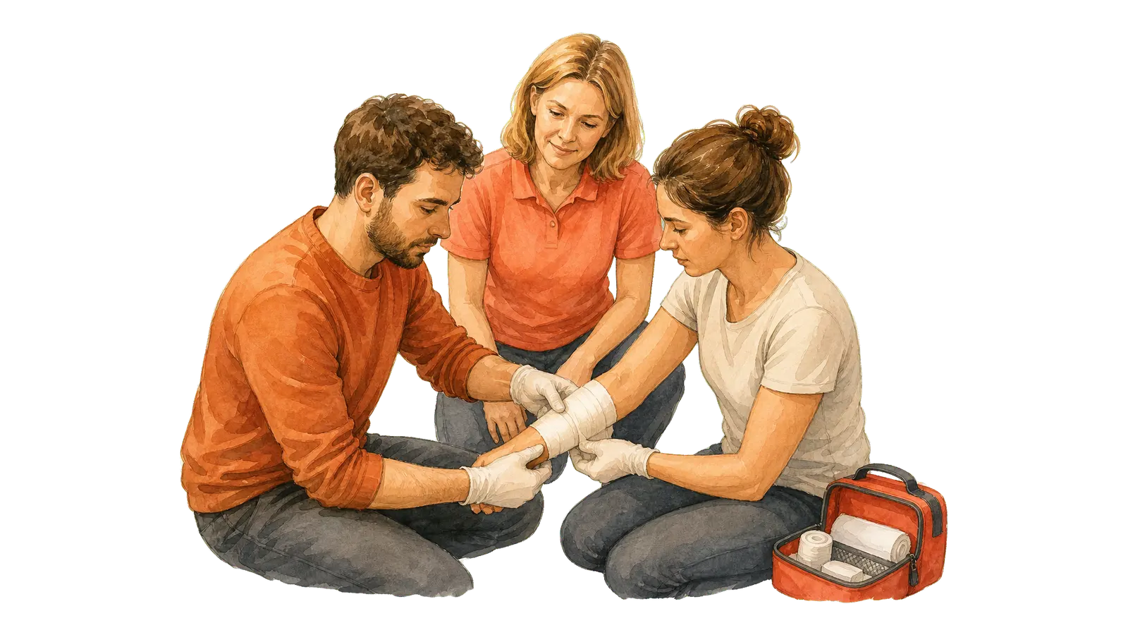 Angehende Betriebssanitäter legen mit Handschuhen einen Druckverband am Unterarm an, Verbandmaterial bereit.