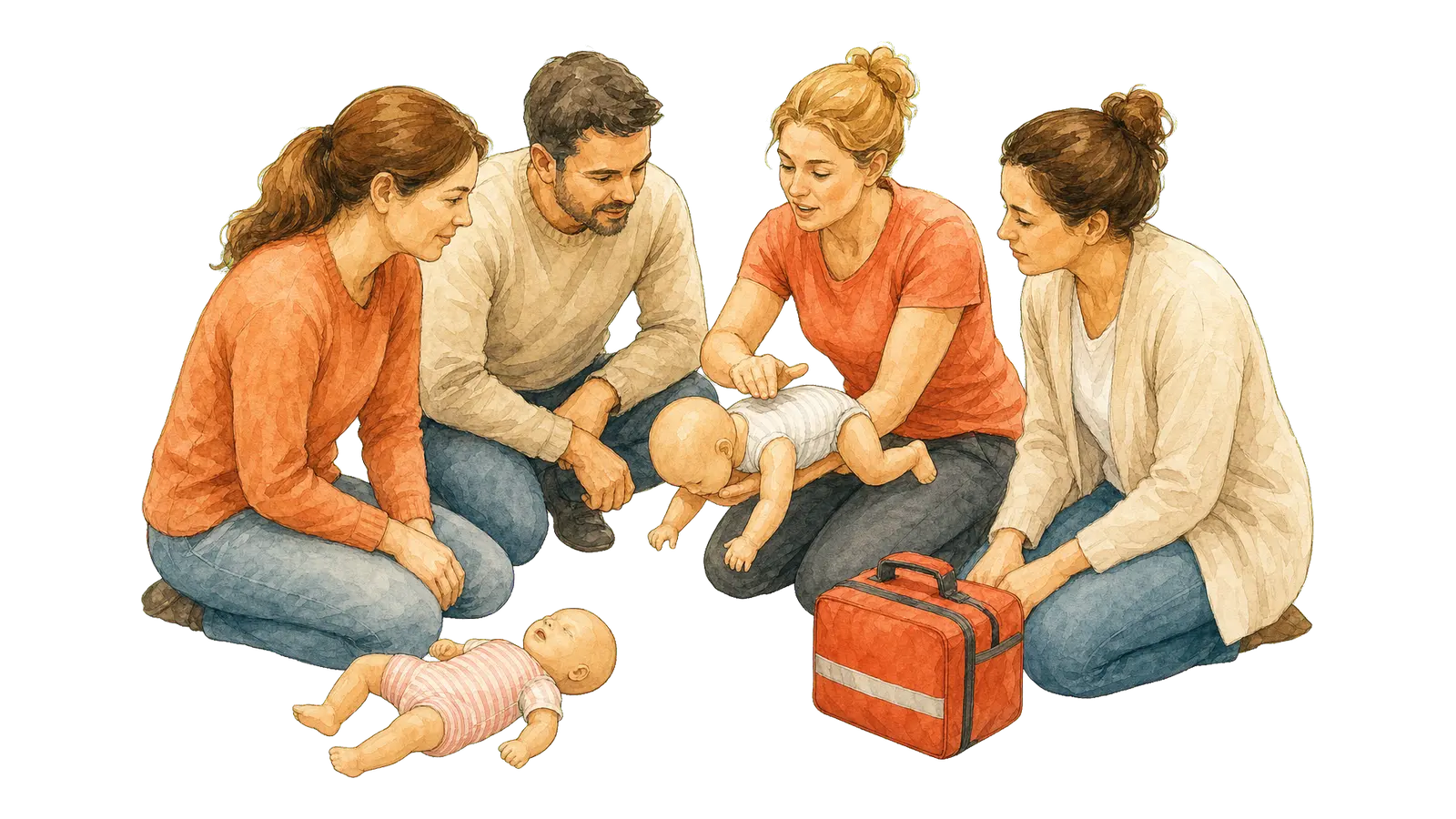 Eltern und Betreuende üben unter Anleitung Erste Hilfe an einer Baby-Übungspuppe.