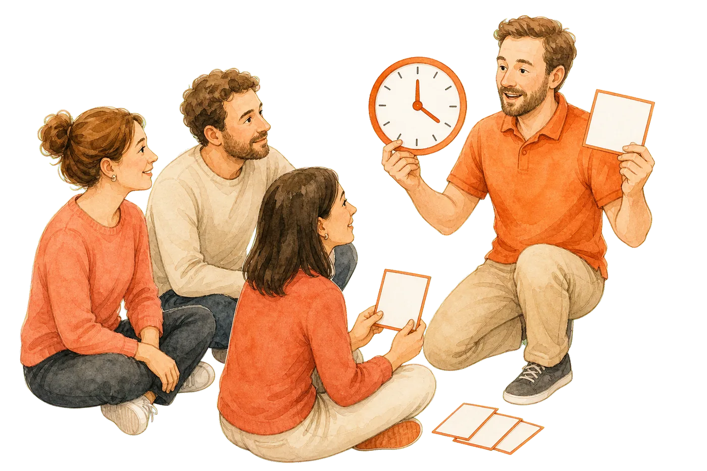 Ausbilder erklärt einer kleinen Kursgruppe den Ablauf anhand einer Uhr und Lernkarten.