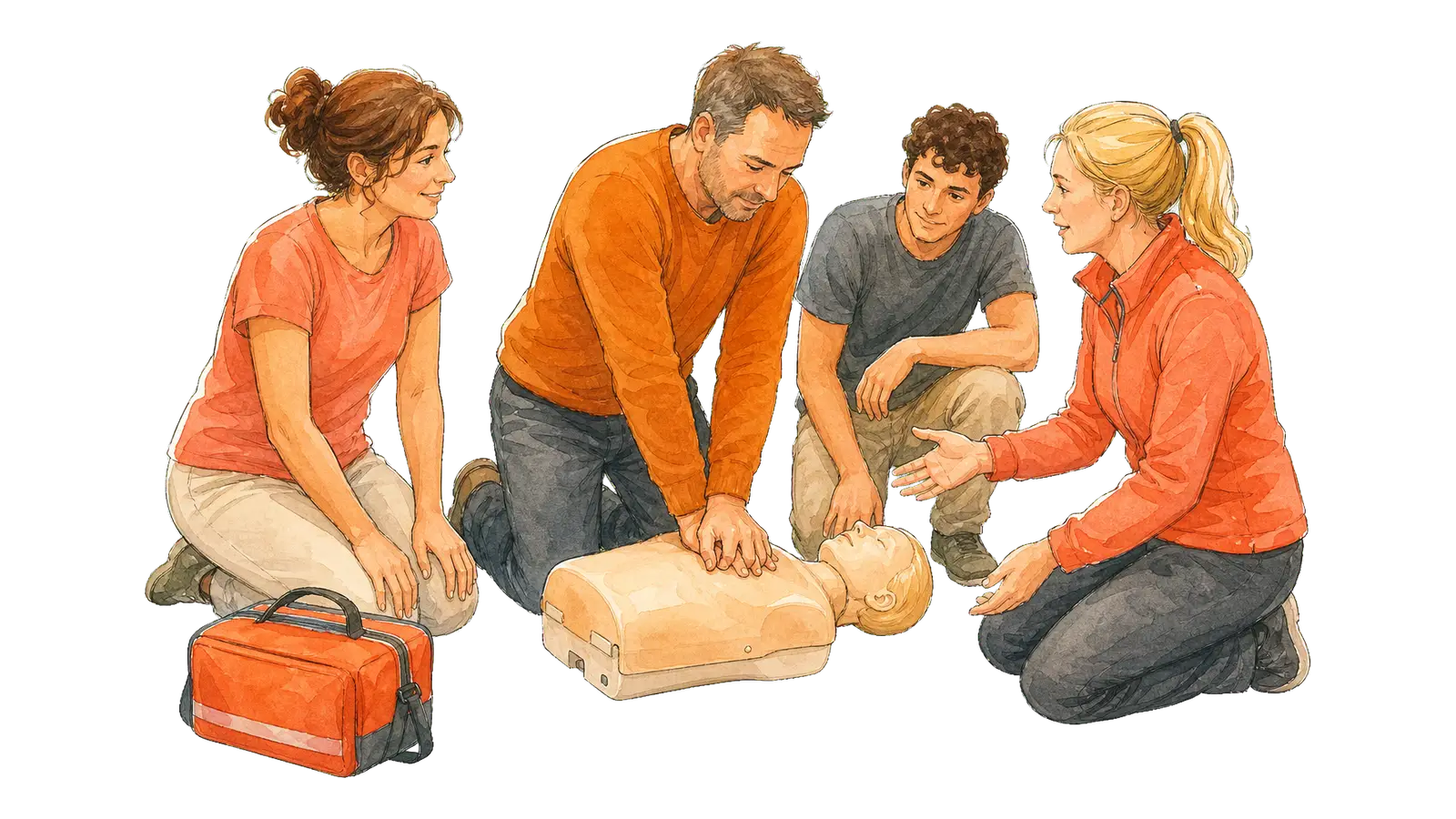 Kleine Kursgruppe frischt mit einer Ausbilderin die Herz-Lungen-Wiederbelebung an einer Übungspuppe auf.