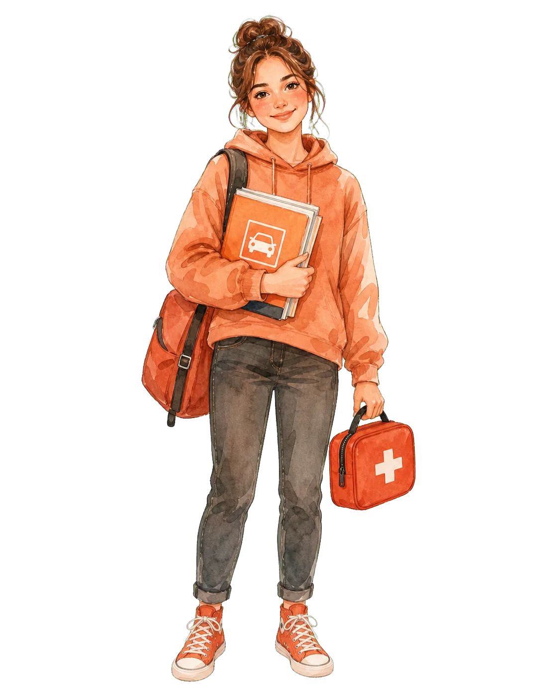 Fahrschülerin mit Führerschein-Lernunterlagen und Erste-Hilfe-Tasche.