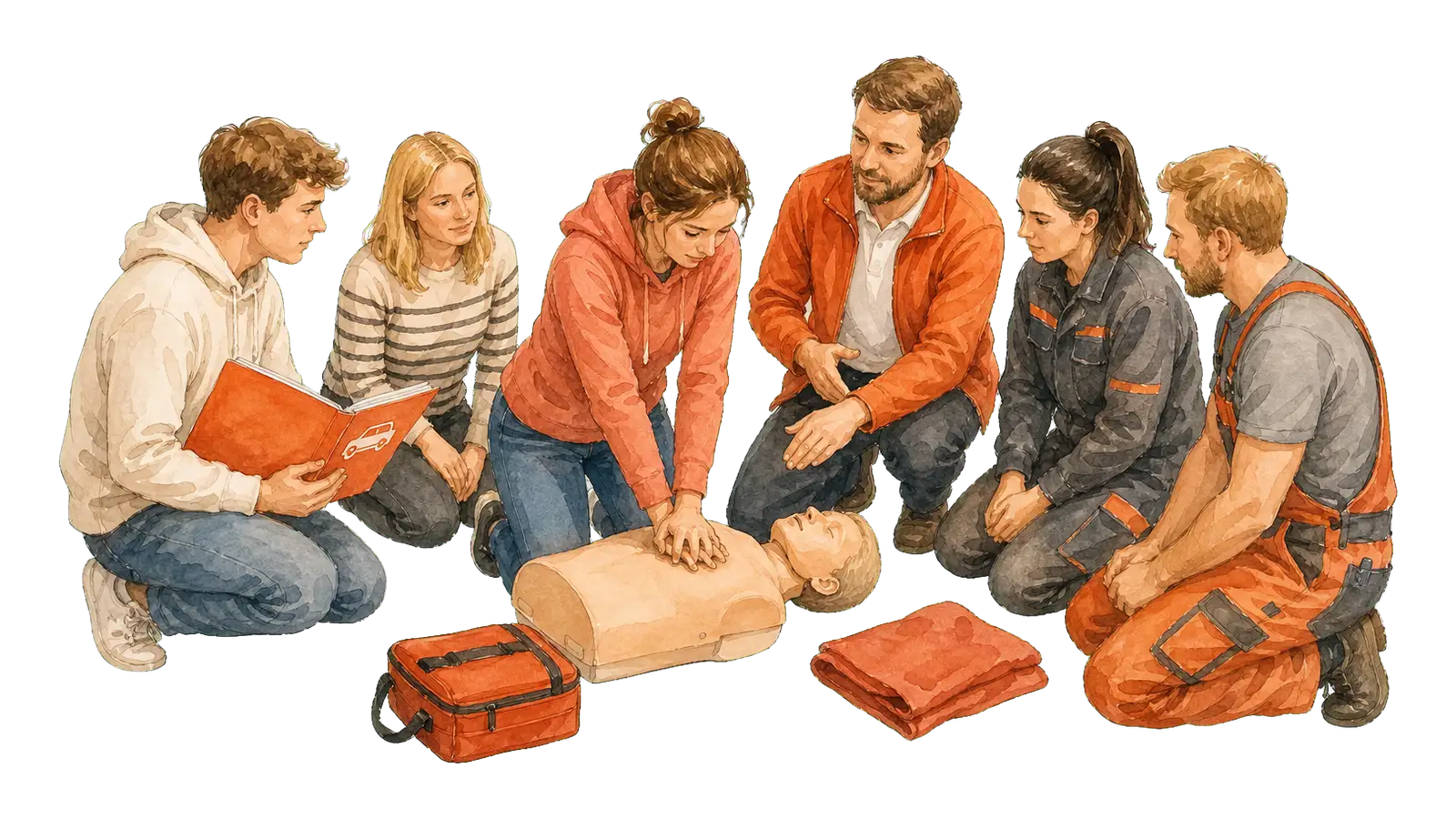 Gemischte Präsenz-Kursgruppe aus Führerschein-Anwärtern und betrieblichen Ersthelfern übt gemeinsam an einer Reanimationspuppe.