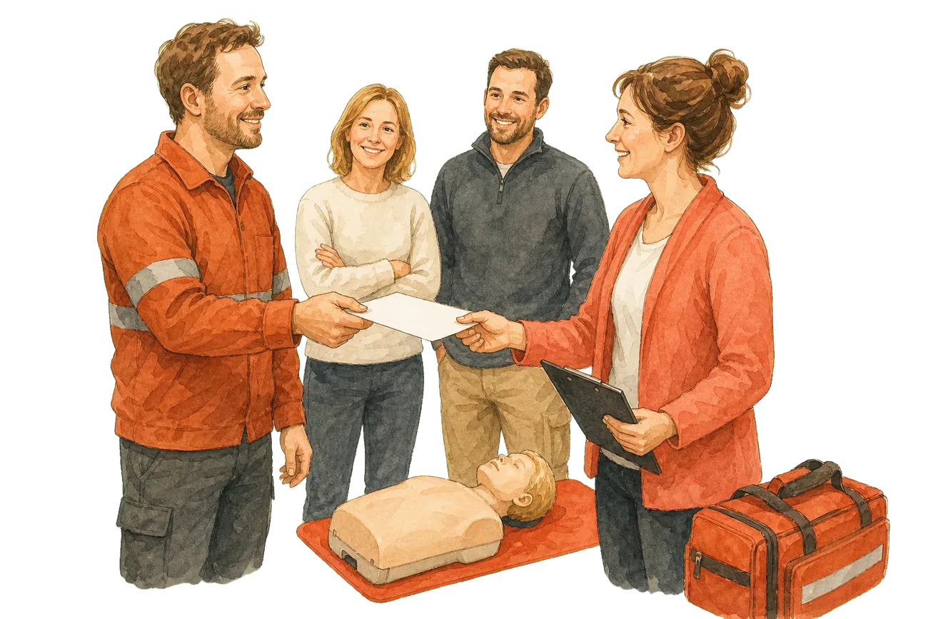Betriebliche Ersthelferin reicht das Abrechnungsformular ein und erhält eine Bestätigung — Kostenübernahme durch die Berufsgenossenschaft.