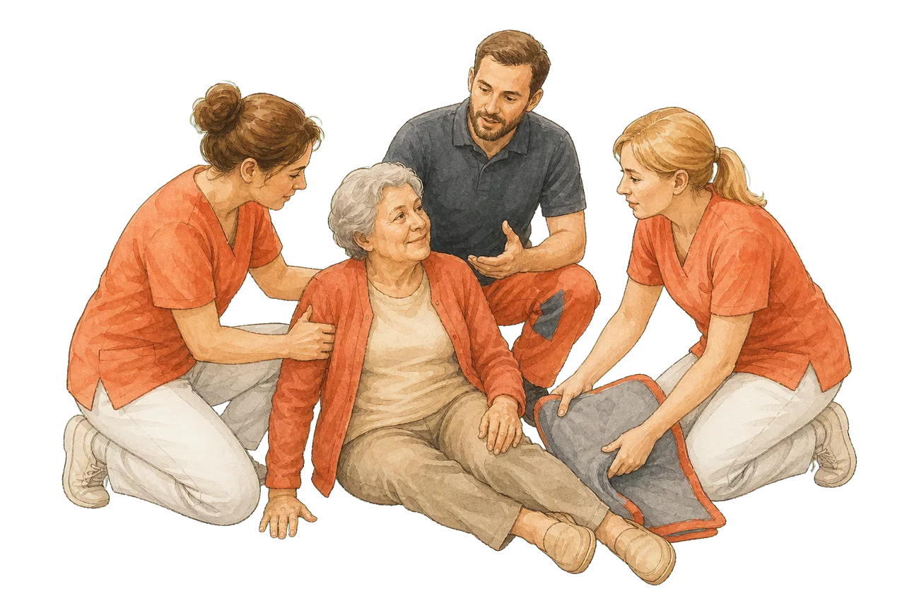 Pflegekräfte versorgen im Team eine gestürzte ältere Person — Notfalltraining in der Pflege.