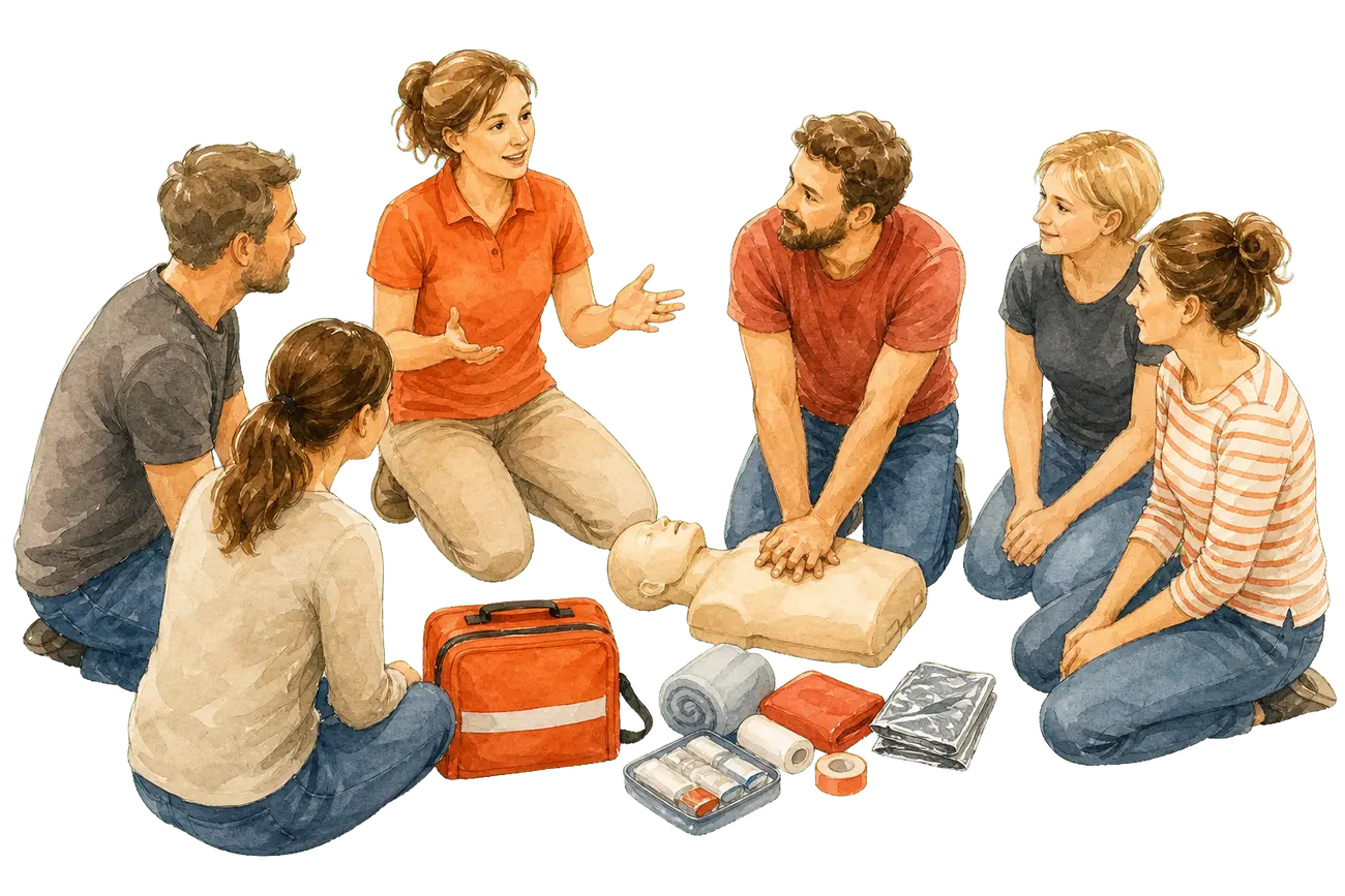 Ausbilderin leitet eine Kleingruppe an einer Übungsstation mit Reanimationspuppe und AED an.
