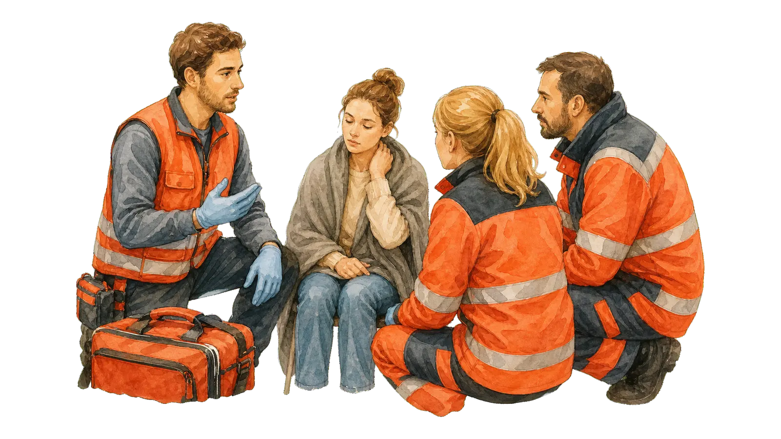 Betriebssanitäter übergibt eine betreute, in eine Decke gehüllte Person an das eintreffende Rettungsdienst-Team.
