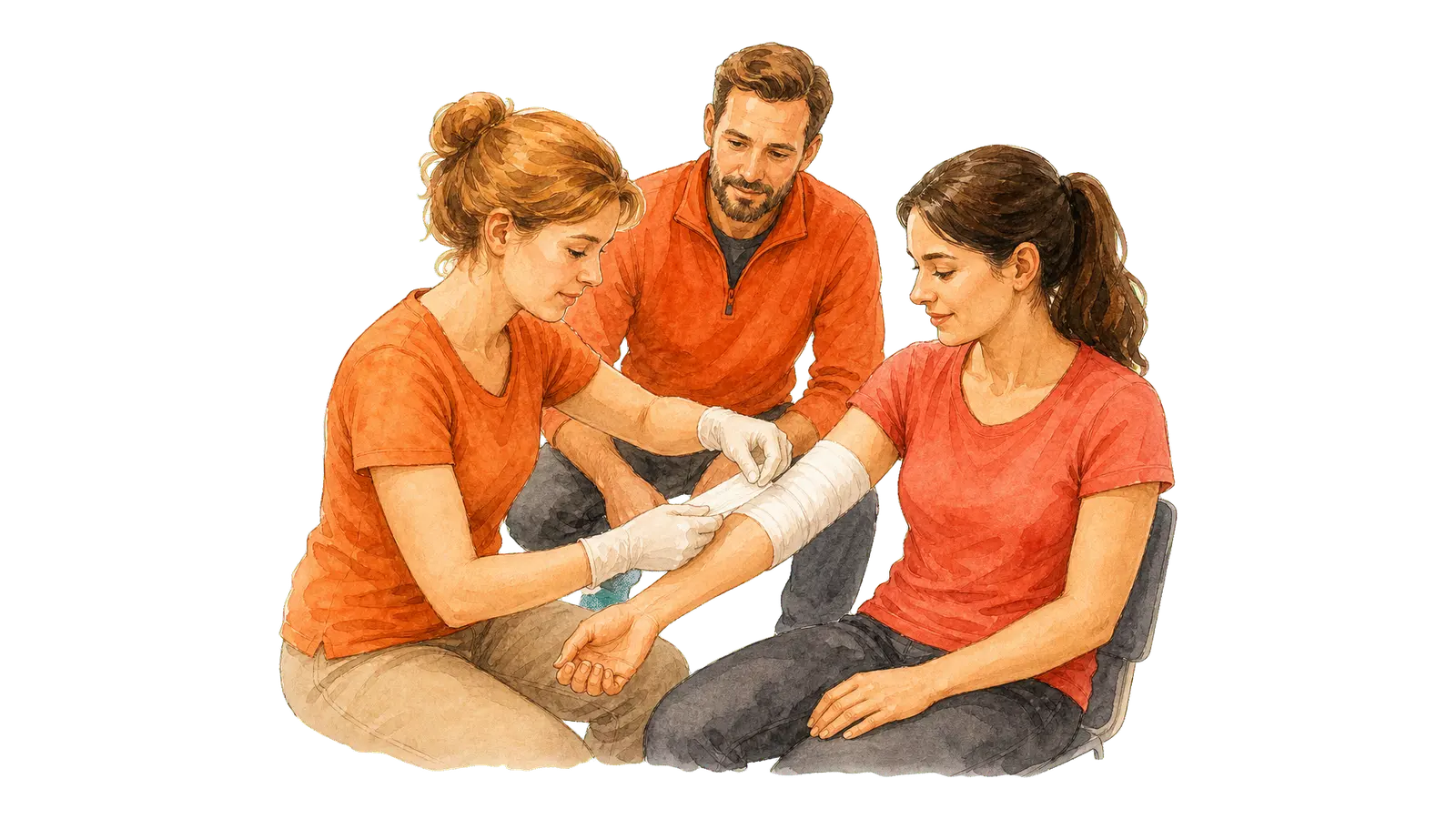 Kursteilnehmende legen unter Anleitung einen Unterarm-Verband an — Verbandmaterial und Erste-Hilfe-Koffer liegen bereit.